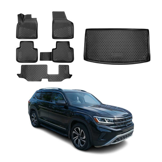 2018-2025 VW Atlas Floor Mats & Cargo Liner Full Set All Weather 3rd Row Behind Black
