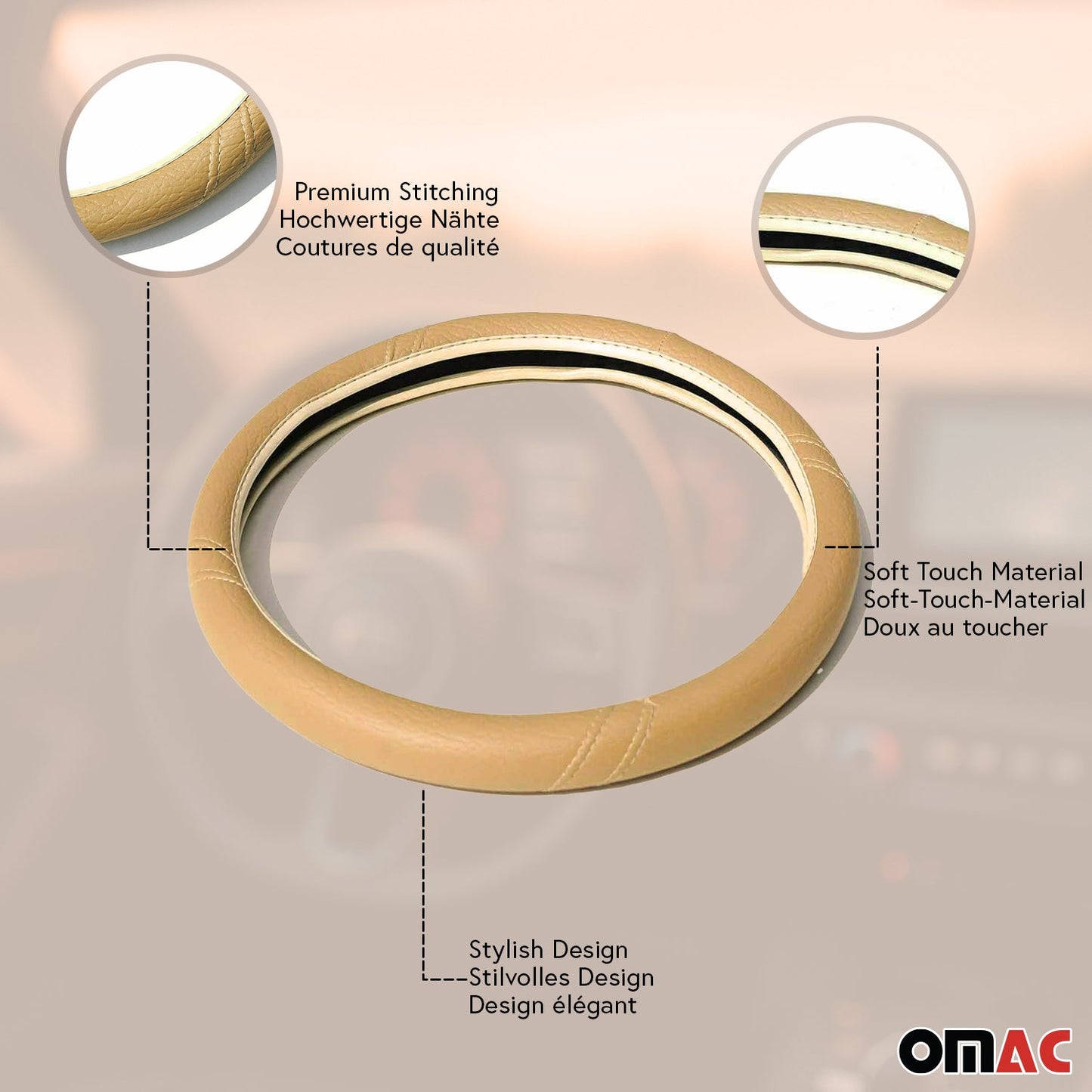 14.5-15.5’’ Steering Wheel Cover Dark Beige Leather Anti-slip Breathable