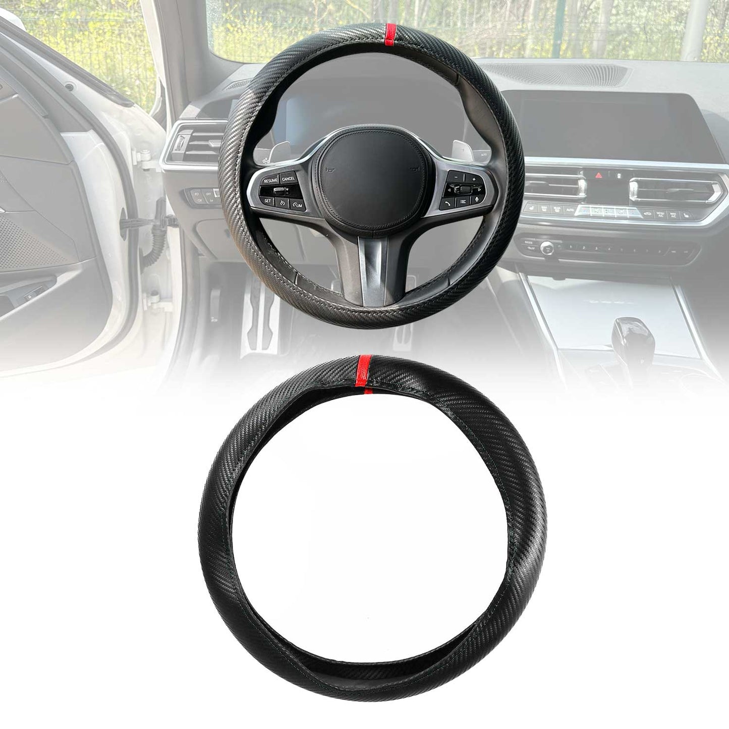 14.5-15.5’’ Steering Wheel Cover Red Stripe Leather Anti-slip Breathable