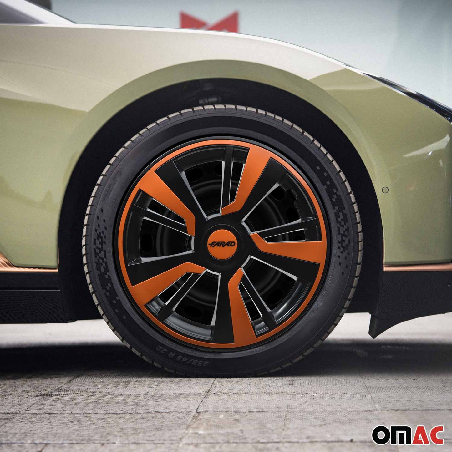 OMAC 15" Hubcaps Wheel Rim Cover Black with Orange Insert 4pcs Set VRT99FR243B15O