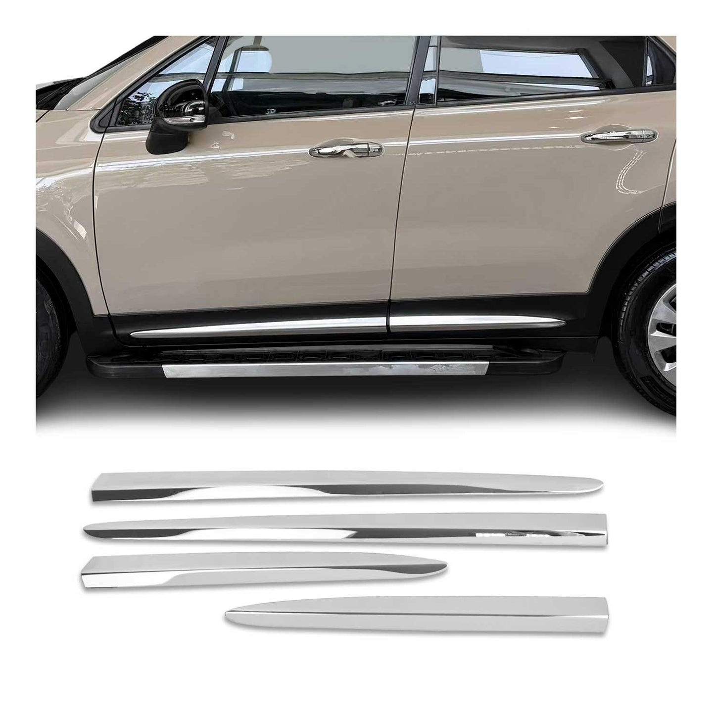 2016-2023 Fiat 500X Side Door Molding Trim Skirt Garnish Stainless Steel Silver 4 Pcs