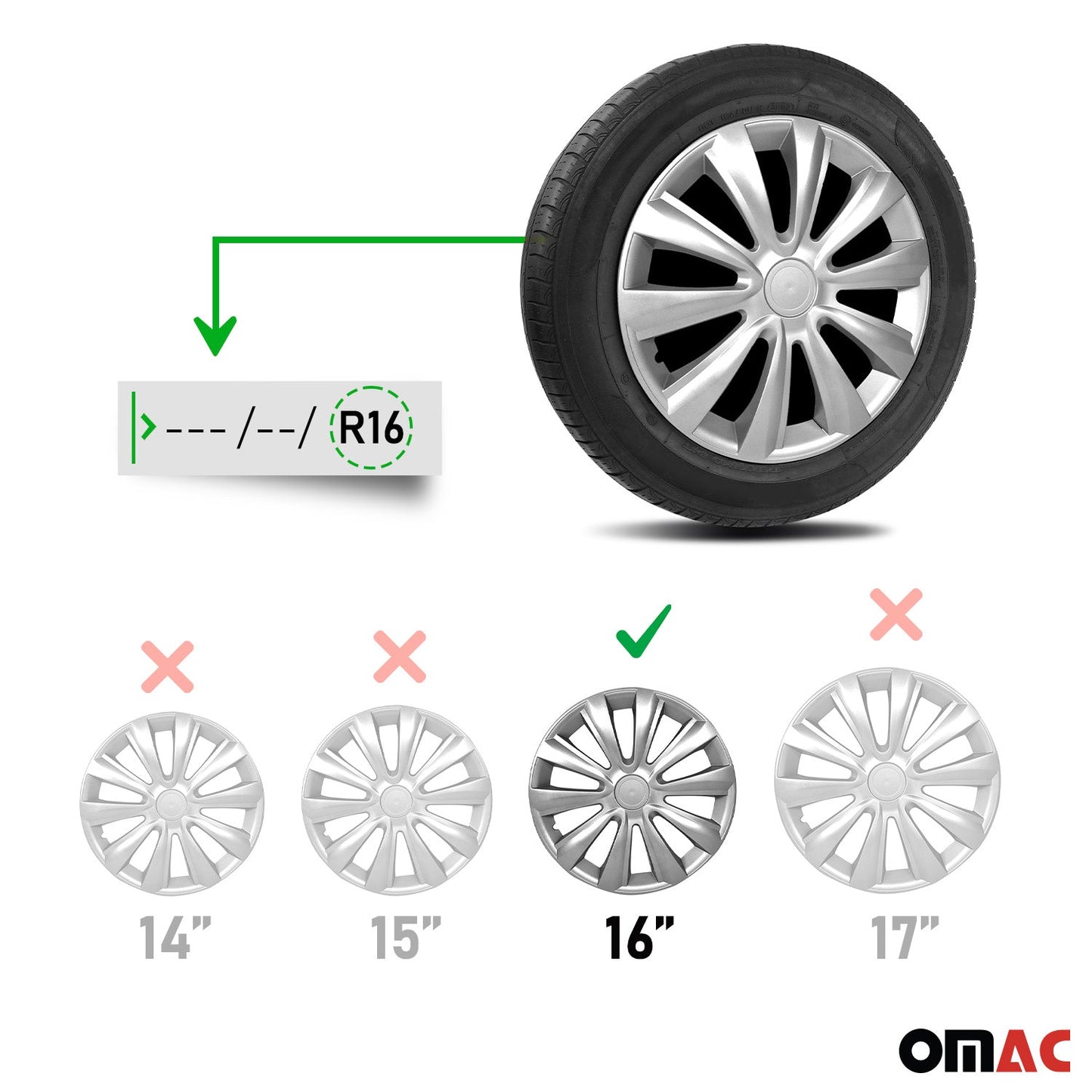 OMAC 16 Inch Wheel Covers Hubcaps for Smart Silver Gray A017791