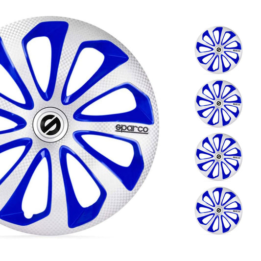OMAC 14" Sparco Sicilia Wheel Covers Hubcaps Silver Blue Carbon 4 Pcs 96SPC1475SVBLC