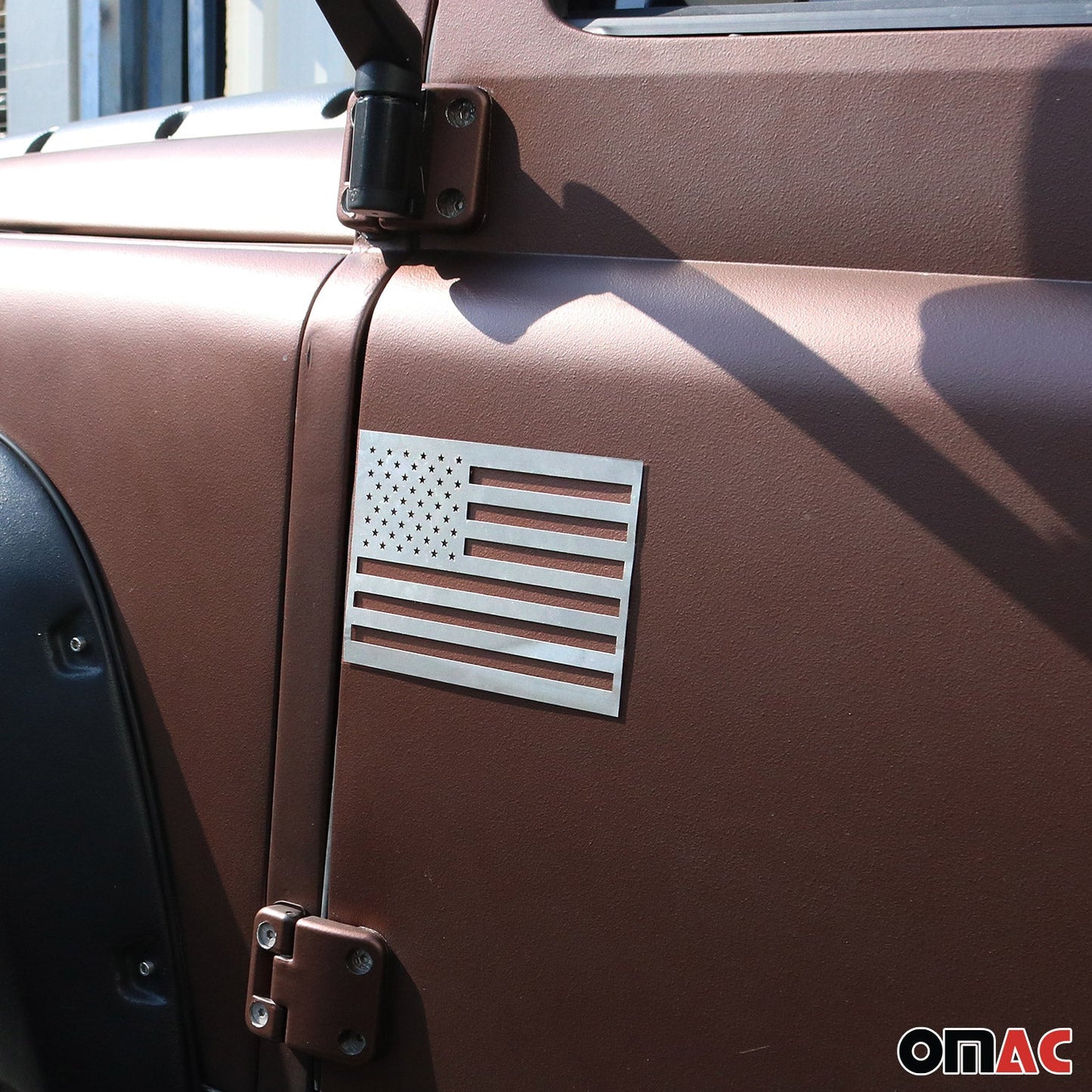 OMAC 2 Pcs US American Flag for Jeep Wrangler Brushed Chrome Decal Sticker S.Steel U022205