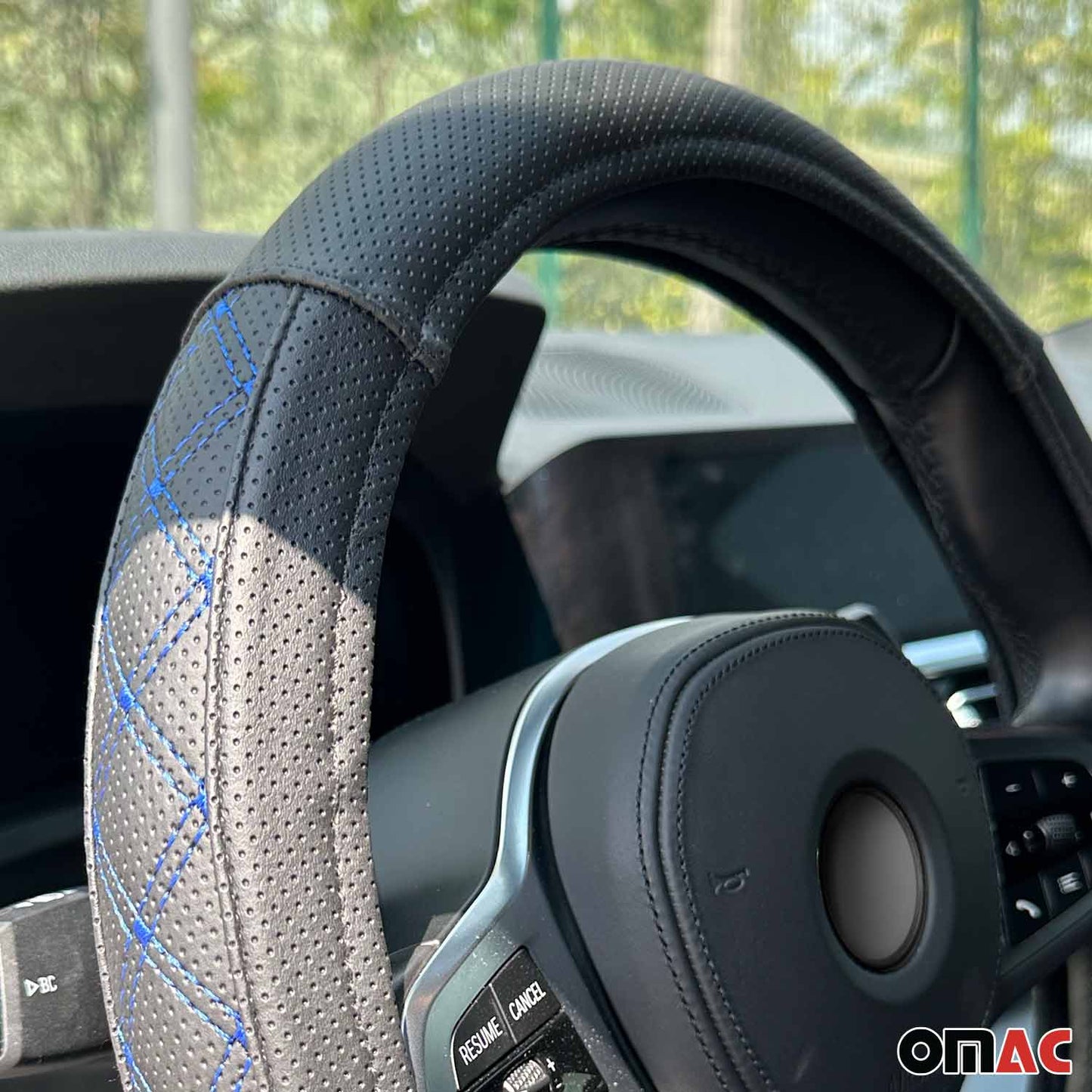 14.5-15.5’’ Steering Wheel Cover Blue Stitch Leather Anti-slip Breathable