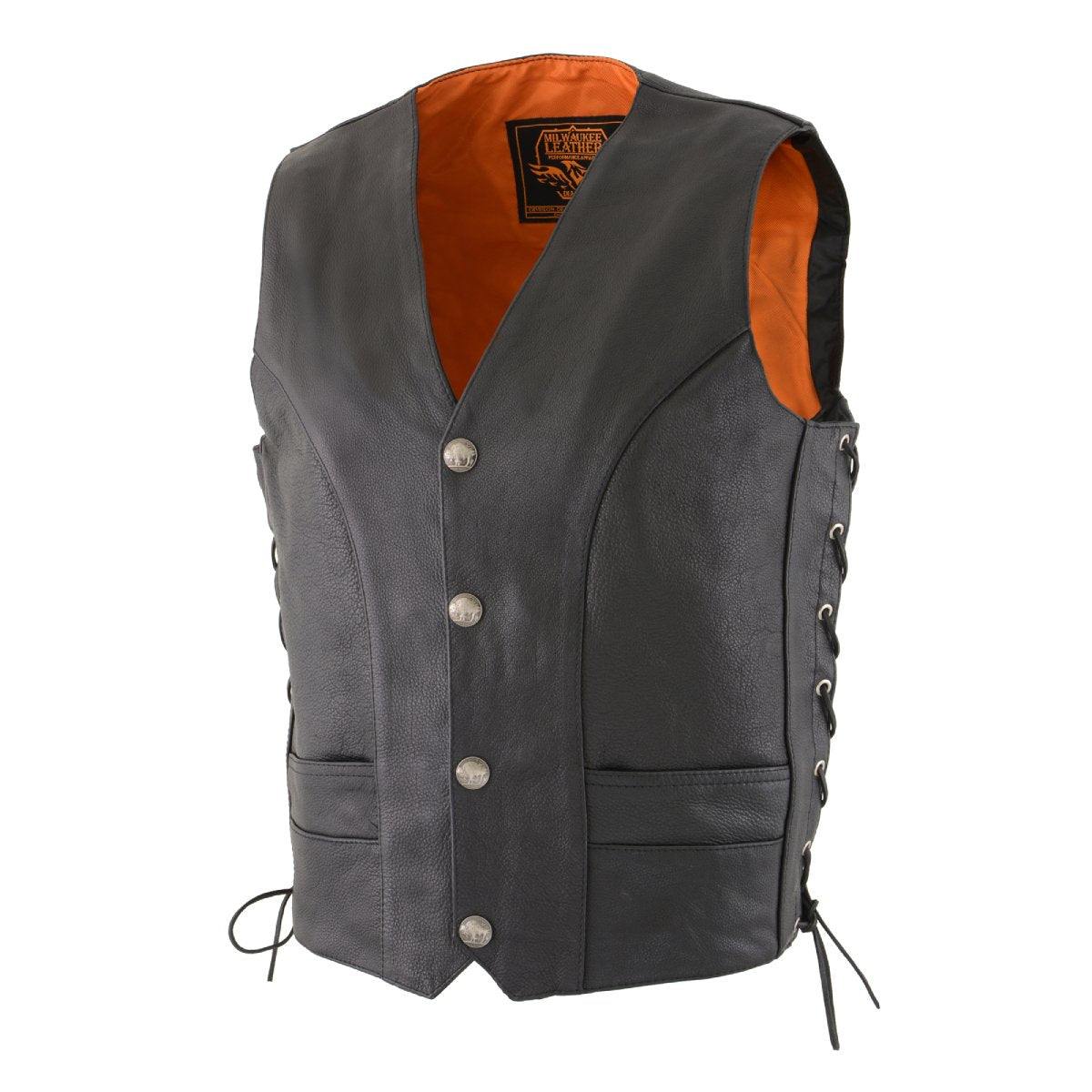 Milwaukee Leather ML1369 Men's Black Premium Leather Side Lace Motorcycle Rider Vest w/ Buffalo Nickel Snaps Closure