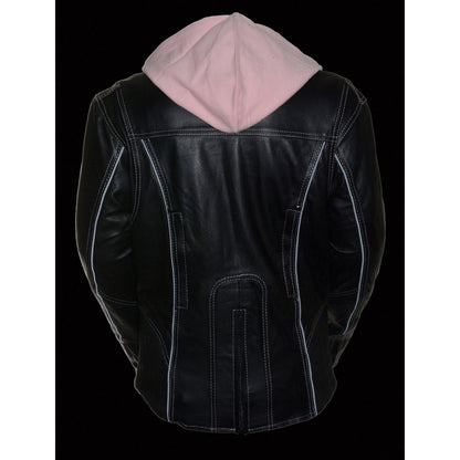 Milwaukee Leather ML2066 Women's 3/4 Black and Pink Leather Hoodie Jacket with Reflective Tribal Design