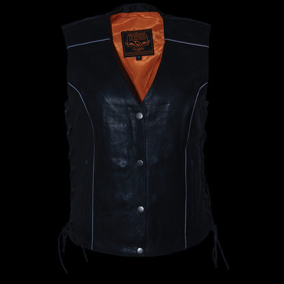 Milwaukee Leather MLL4500 Women's Classic Black Leather V-Neck Motorcycle Rider Vest w/ Side Laces