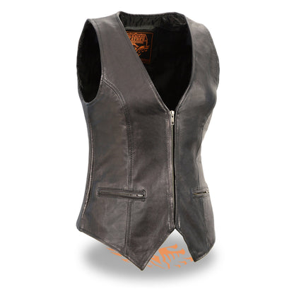 Milwaukee Leather MLL4555 Women's Black Premium Leather Zipper Closure Motorcycle Rider Vest w/ Stretch Side Panel