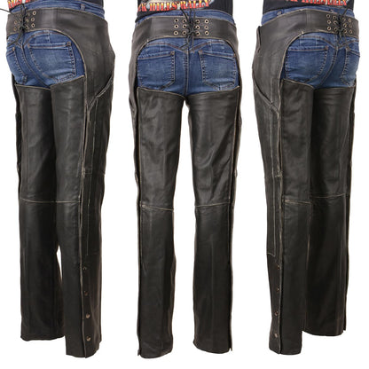 Milwaukee Leather MLL6516 Women's Classic Black Rub-Off Low Rise Premium Leather Chaps