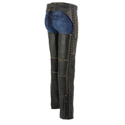 Milwaukee Leather Chaps for Women Black Premium Skin Rubbed Seams- Accented Lace Detailing Motorcycle Chap- MLL6527