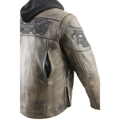 Milwaukee Leather MLM1561 Men's Distressed Brown Leather Jacket with Reflective Skulls