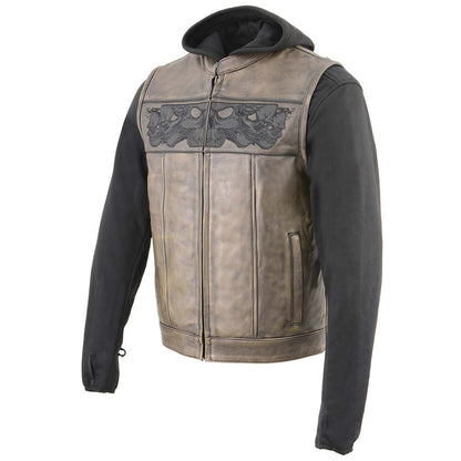 Milwaukee Leather MLM3561 Men's Leather Vest w/ Removeable Hoodie- Distress Brown Reflective Skulls Motorcycle Vest