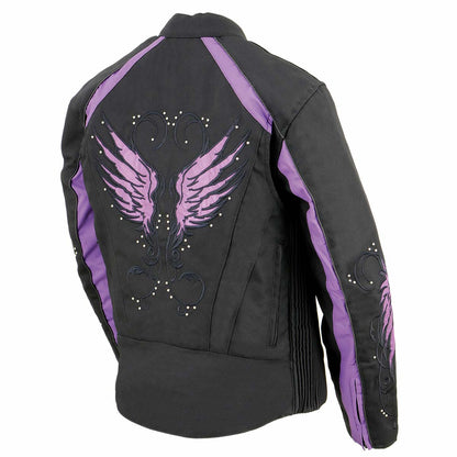Milwaukee Leather SH1954 Women's Black and Purple Textile Jacket with Stud and Wings Detailing