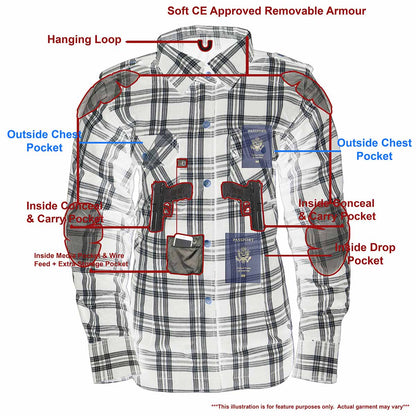 Milwaukee Leather Women's Ghost Rose Black/White CE Armored Flannel Shirt with Aramid Reinforced Zones - MPL2600