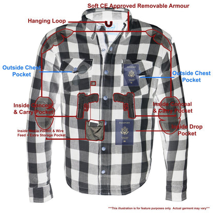 Milwaukee Leather Men's Aztec Black/White CE Armored Flannel Shirt with Aramid Reinforced Zones - MPM1633