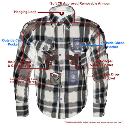 Milwaukee Leather Men's Spartan Black/White CE Armored Flannel Shirt with Aramid Reinforced Zones - MPM1644