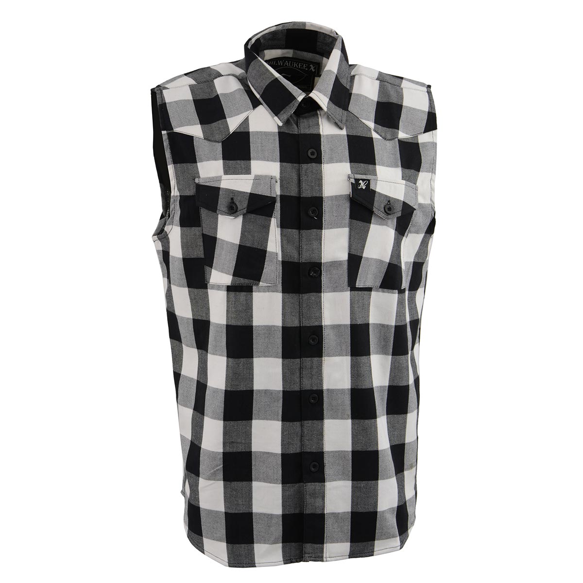 Milwaukee Leather Men's 'Open Road - White Line' Black/White Sleeveless Flannel - Cotton Button Up Shirt - MPM1647