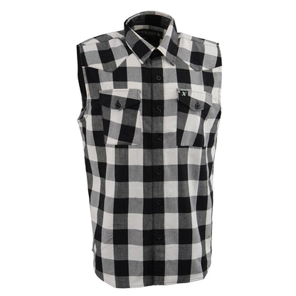 Milwaukee Leather Men's 'Open Road - White Line' Black/White Sleeveless Flannel - Cotton Button Up Shirt - MPM1647