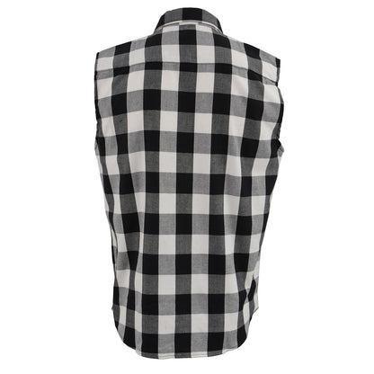 Milwaukee Leather Men's 'Open Road - White Line' Black/White Sleeveless Flannel - Cotton Button Up Shirt - MPM1647