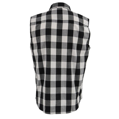 Milwaukee Leather Men's 'Open Road - White Line' Black/White Sleeveless Flannel - Cotton Button Up Shirt - MPM1647