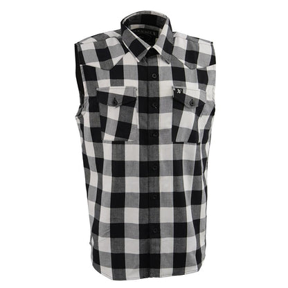 Milwaukee Leather Men's 'Open Road - White Line' Black/White Sleeveless Flannel - Cotton Button Up Shirt - MPM1647