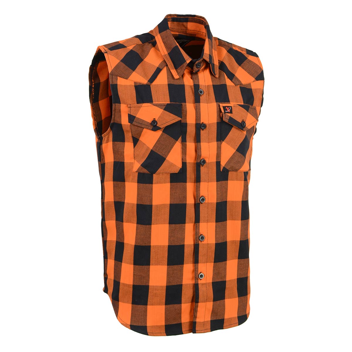Milwaukee Leather Men's 'Open Road - Harvest Run' Black/Orange Sleeveless Flannel - Cotton Button Up Shirt - MPM165