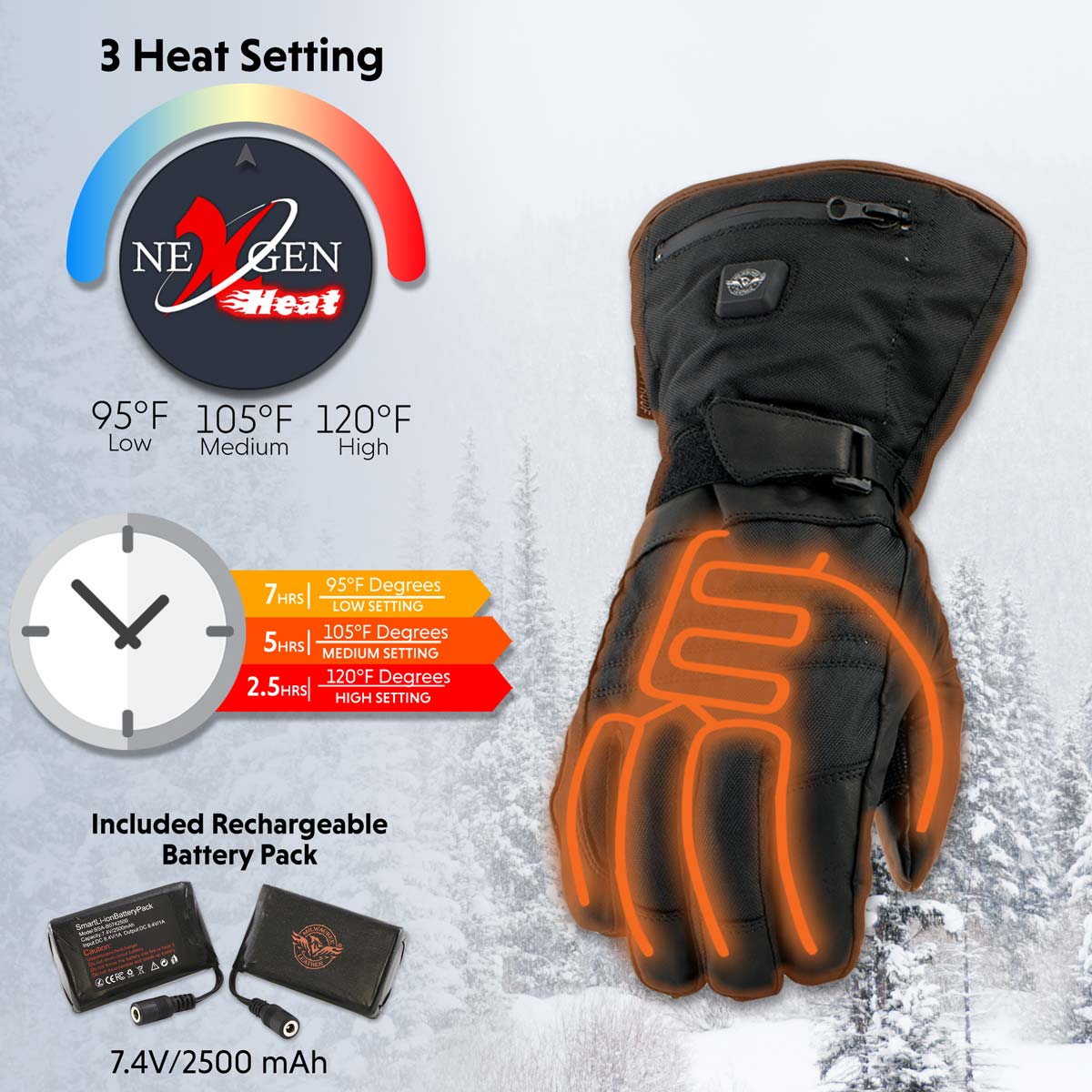 Nexgen Heat NXG17501SET Men‚Äôs Heated Gloves for Winter Black Leather and Textile Motorcycle Glove w/Battery and Harness Wire