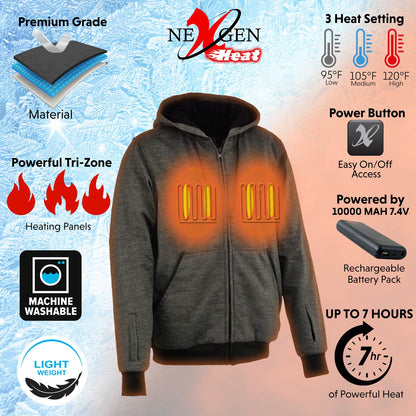 Nexgen Heat MPM1717DUAL Technology Men's ‚ÄúFiery‚Äô‚Äô Heated Hoodie - Grey Sweatshirt Jacket for Winter w/ Battery Pack