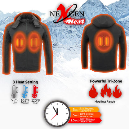 Nexgen Heat MPM1767SET Men's Black 'Heated' Soft Shell Hooded Zipper Front Jacket with Detachable Hood w/ Battery