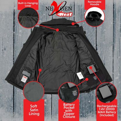 Nexgen Heat NXL2767SET Women's Black Ruffled Heated Soft Shell Jacket with Detachable Hood for Hiking w/ Battery