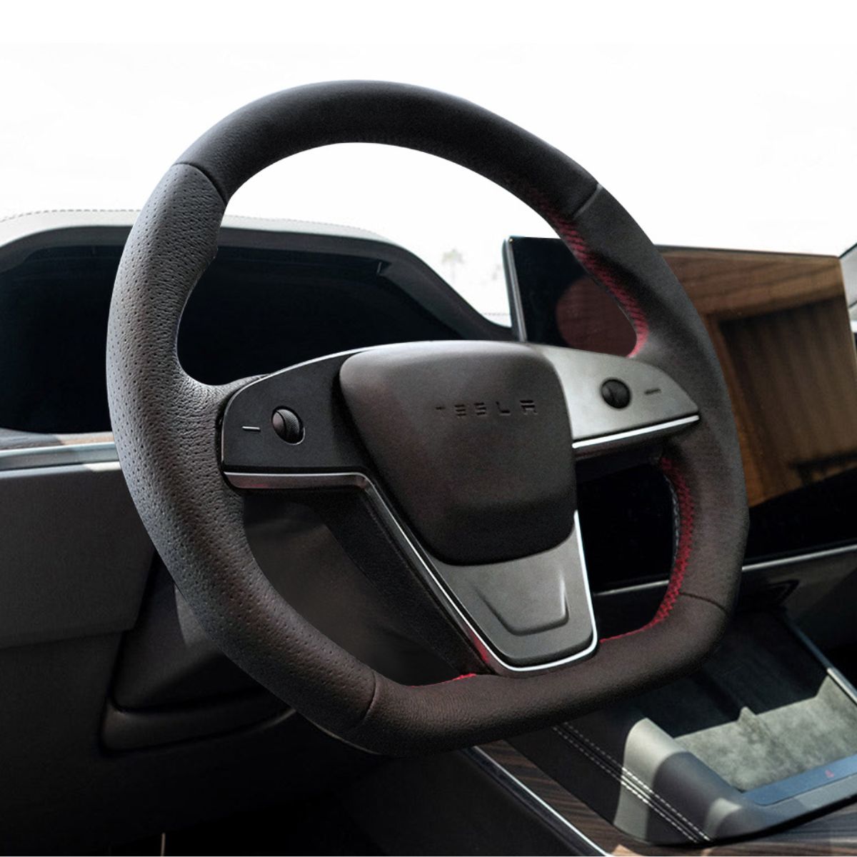 TESERY Touch Horn Plaid Round Steering Wheel Replacement for Tesla Model S / X 2021-2023