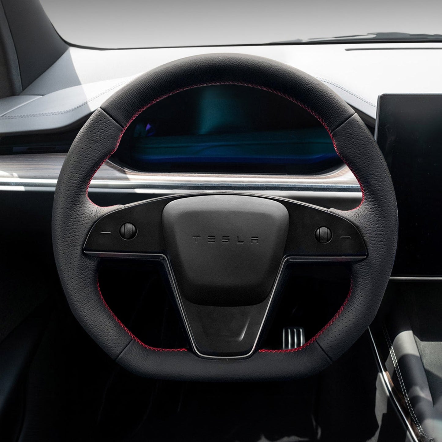 TESERY Touch Horn Plaid Round Steering Wheel Replacement for Tesla Model S / X 2021-2023