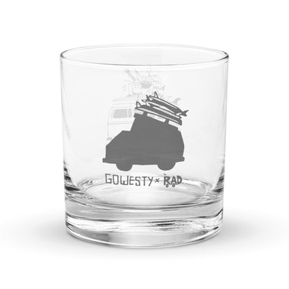 "Camp First, Work Later" Bus Rocks Glass