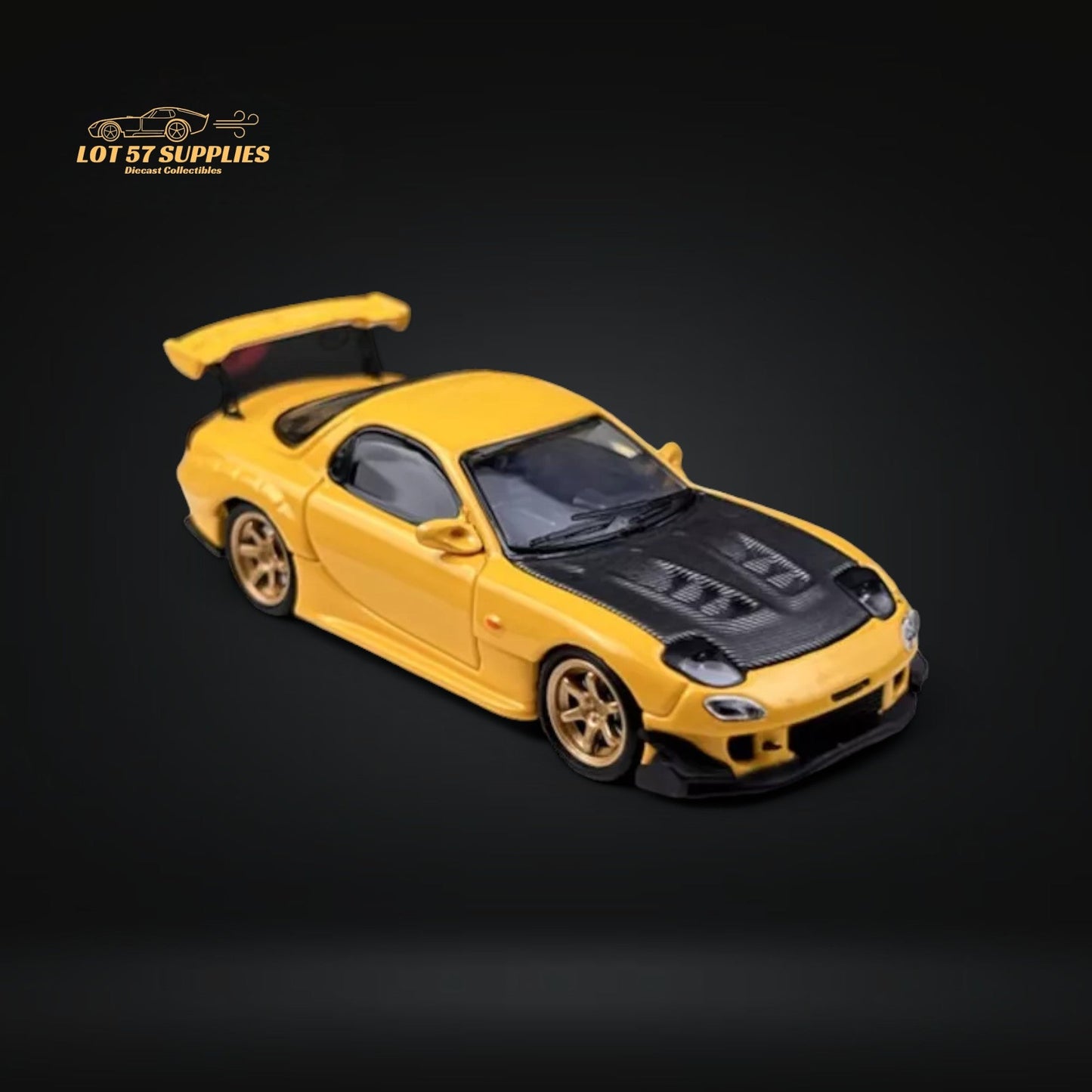 BSC Mazda RX7 FD3S Yellow Carbon Hood Gold Wheels 1:64