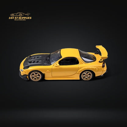 BSC Mazda RX7 FD3S Yellow Carbon Hood Gold Wheels 1:64