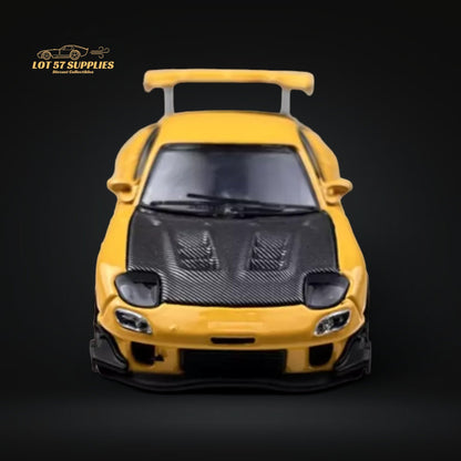 BSC Mazda RX7 FD3S Yellow Carbon Hood Gold Wheels 1:64