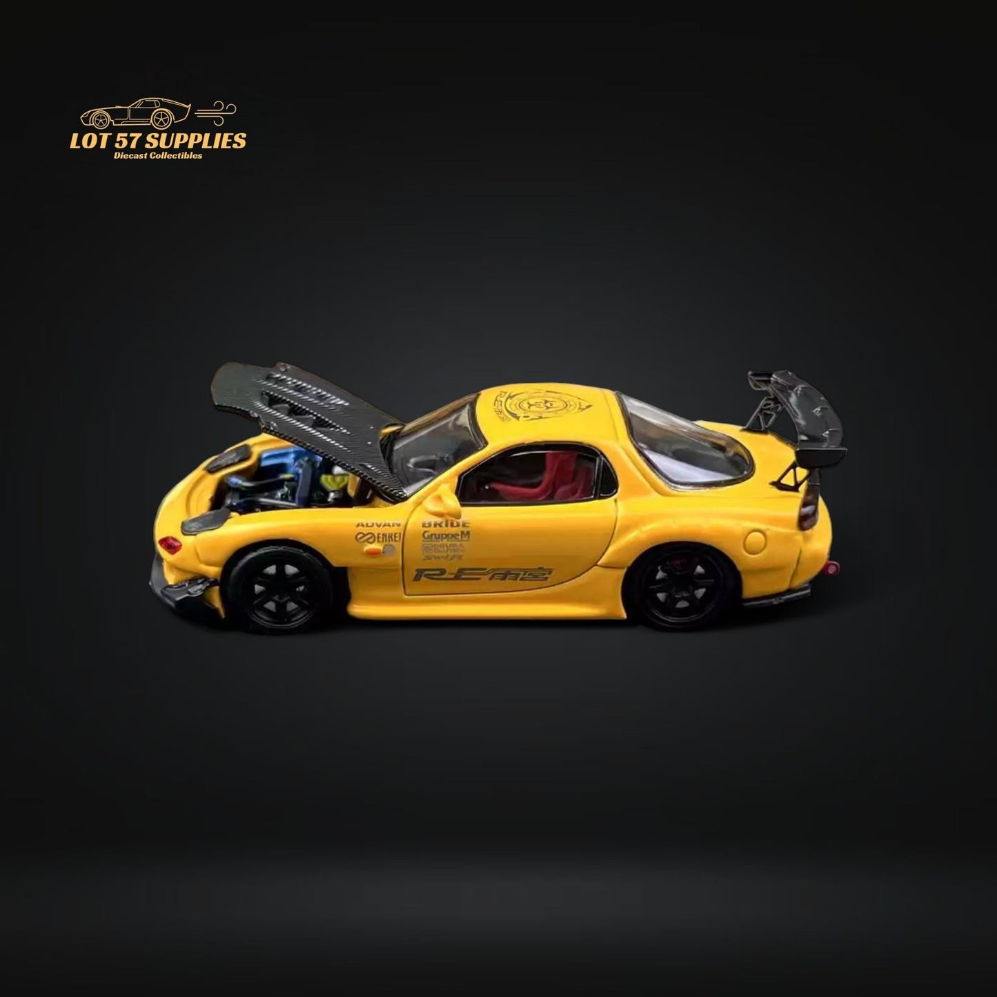 BSC Mazda RX7 FD3S Yellow Carbon Hood Black Wheels 1:64