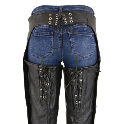Milwaukee Leather Women's Black Premium Leather Motorcycle Rider Chaps w/ Deep Hip Pockets/Back Thigh Laces-ML1173