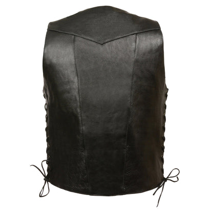 Milwaukee Leather SH1391 Men's Black Leather 10 Pocket V-Neck Side Lace Motorcycle Rider Vest w/ Front Snap Closure