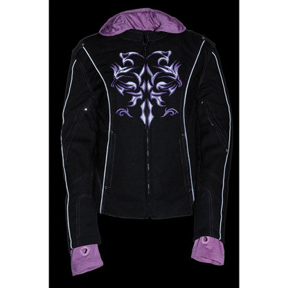 Milwaukee Leather MPL1967 Women's 3/4 Hooded Black and Purple Textile Jacket with Reflective Tribal Detail