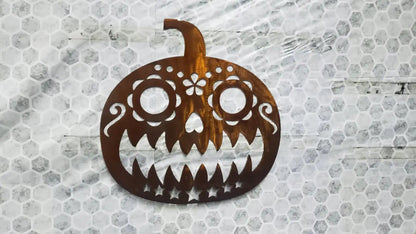 Sugar Skull Jack-o’-Lantern Wall Art – Day of the Dead Halloween Decor – Plasma Cut 14ga Steel Pumpkin Sign – 12x12 Inch Outdoor Decoration