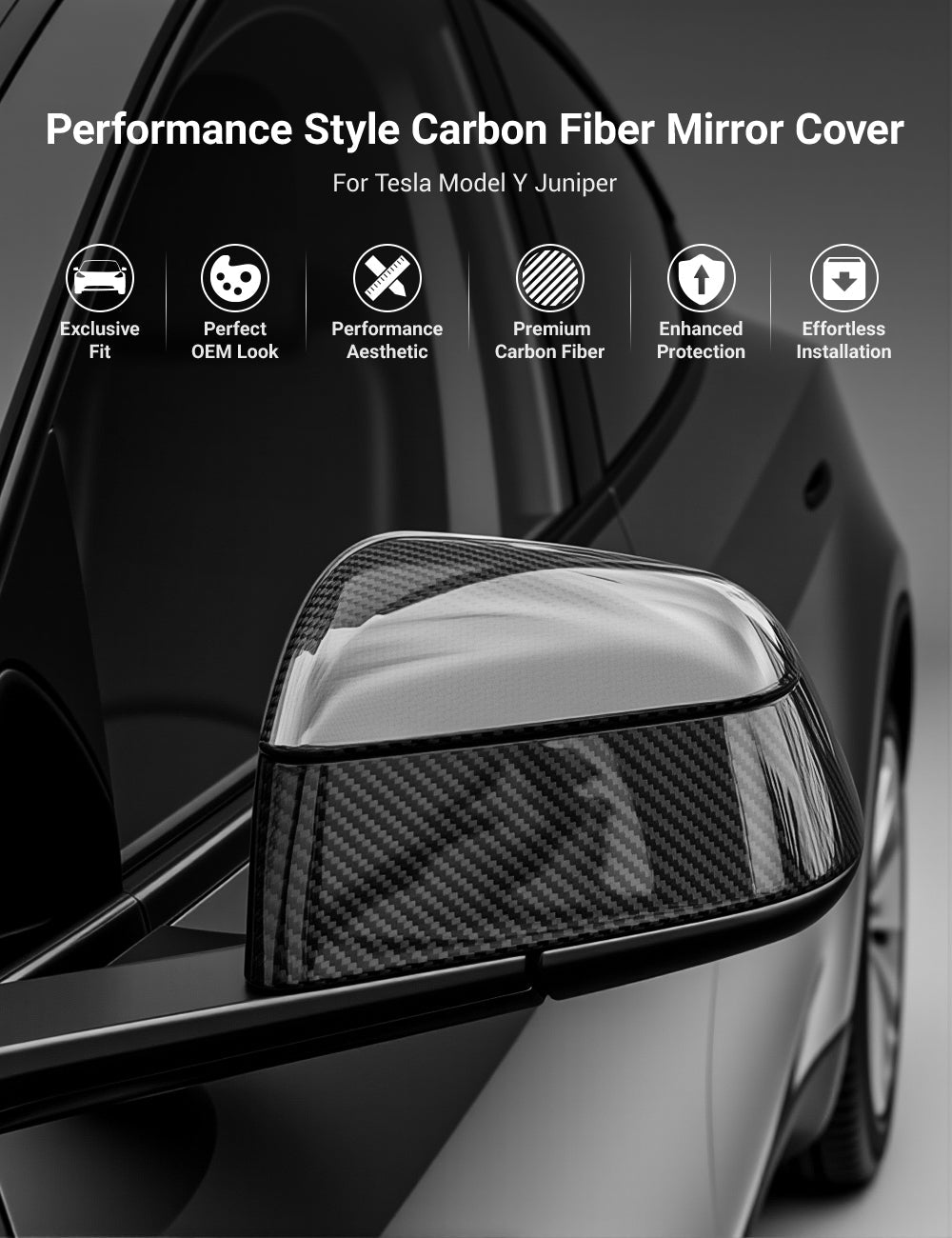 TESERY Side Mirror Cover for Model Y Juniper (OEM Style) - Dry Carbon Fiber Exterior Mods