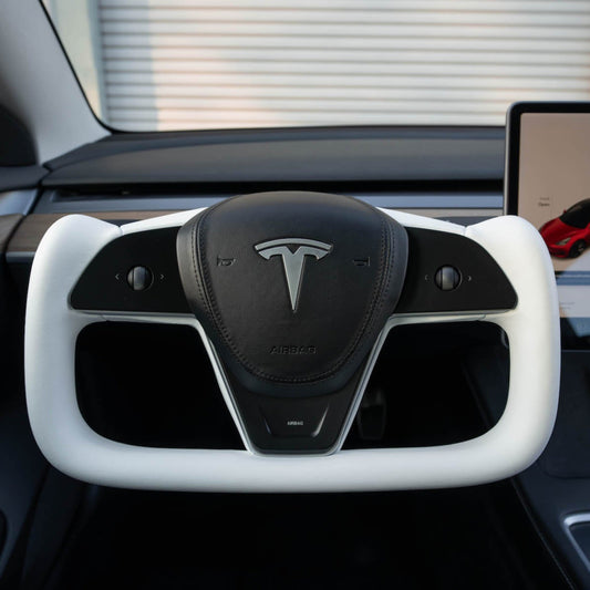 TESERY Yoke Plaid Steering Wheel for Tesla Model 3 / Y【White Leather】