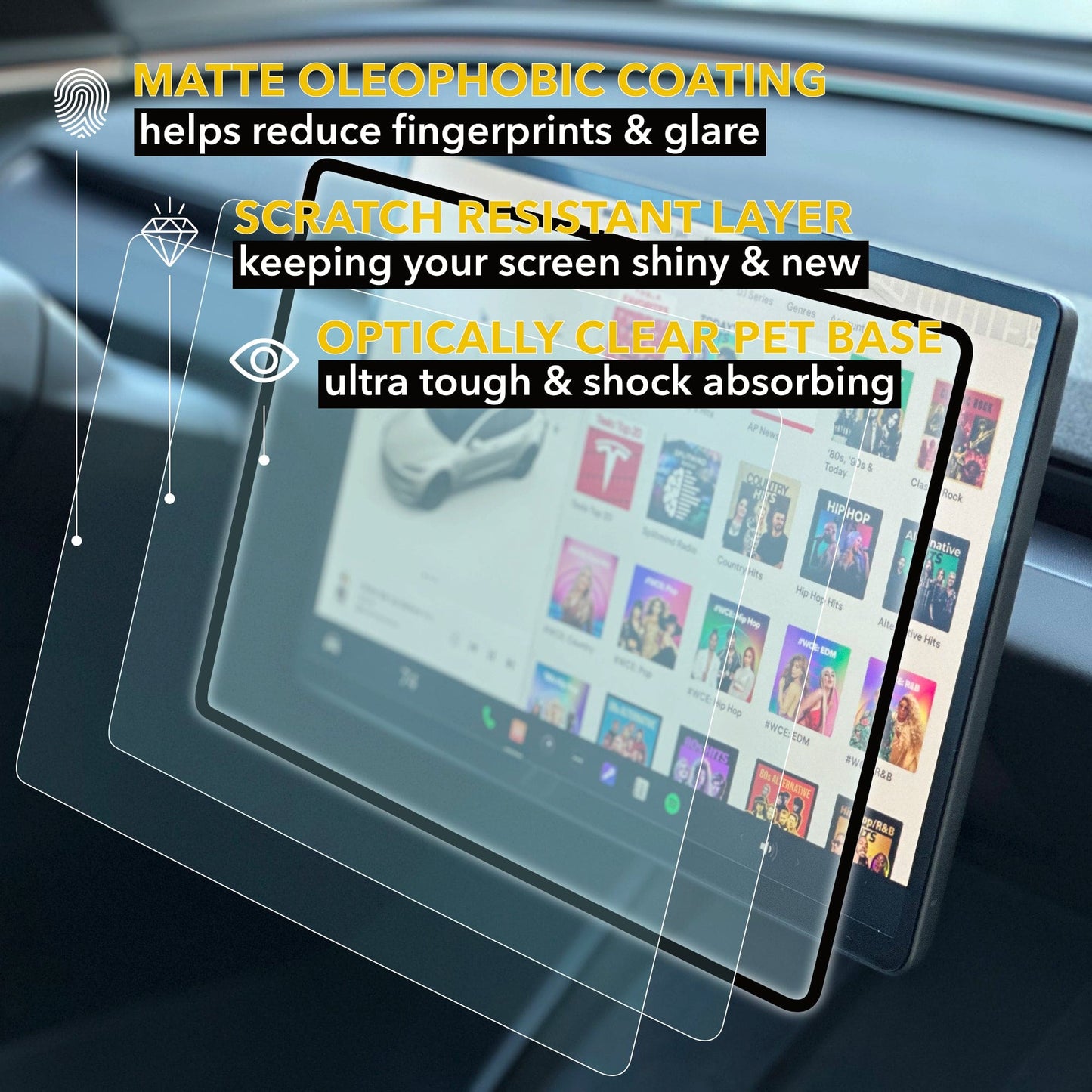 Screen Protectors | 2026+ Tesla Model Y Juniper and 2024+ Tesla Model 3 Highland 9H PET Ultra Tough