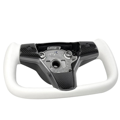 White Leather Yoke Steering Wheel for Tesla Model 3 / Y【Style 7】