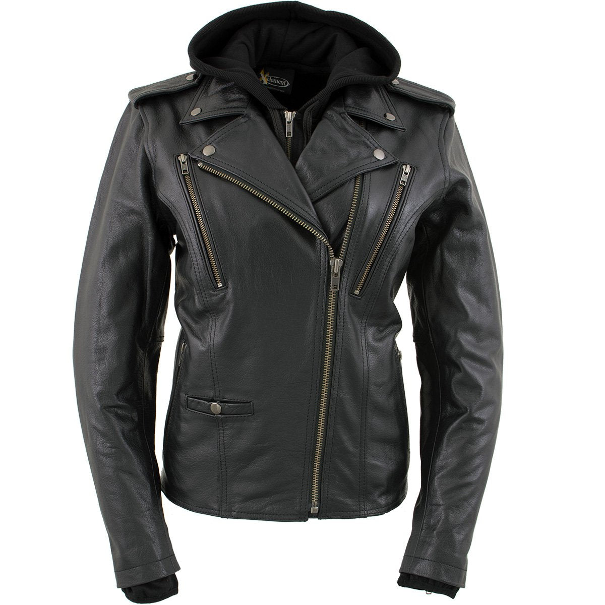 Xelement XS2516 Women's Black ‚ÄòMadame‚Äô Hooded and Vented Motorcycle Biker Leather Jacket