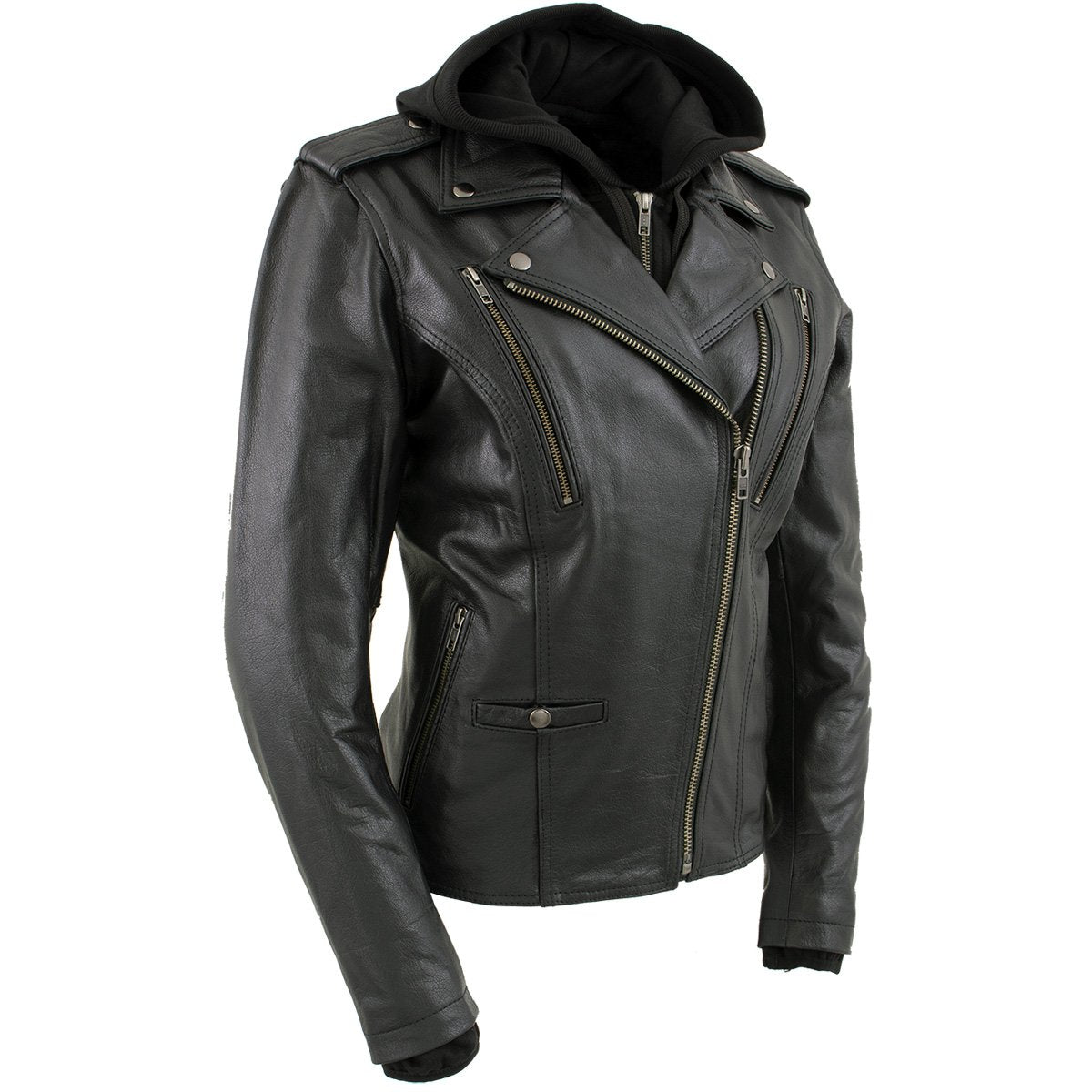 Xelement XS2516 Women's Black ‚ÄòMadame‚Äô Hooded and Vented Motorcycle Biker Leather Jacket