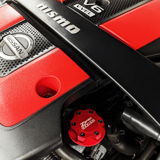 ZSPEC Billet Oil Filler Cap for Nissan/Infiniti/Datsun, Red Cap w/ Titanium Accents