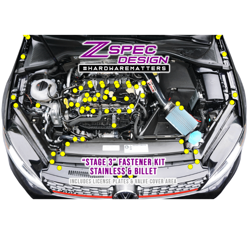 ZSPEC Stage-3 Dress Up Bolts® Fastener Kit for '15+ VW Golf GTI 2.0L MK7, Stainless & Billet